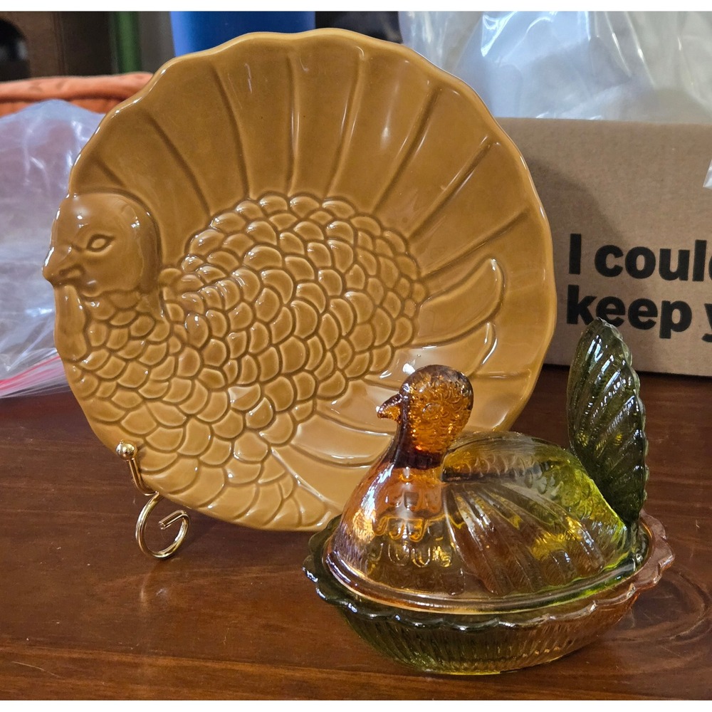 Pottery Barn Turkey Plate and Glass Turkey Candy Dish Set Thanksgiving Decor